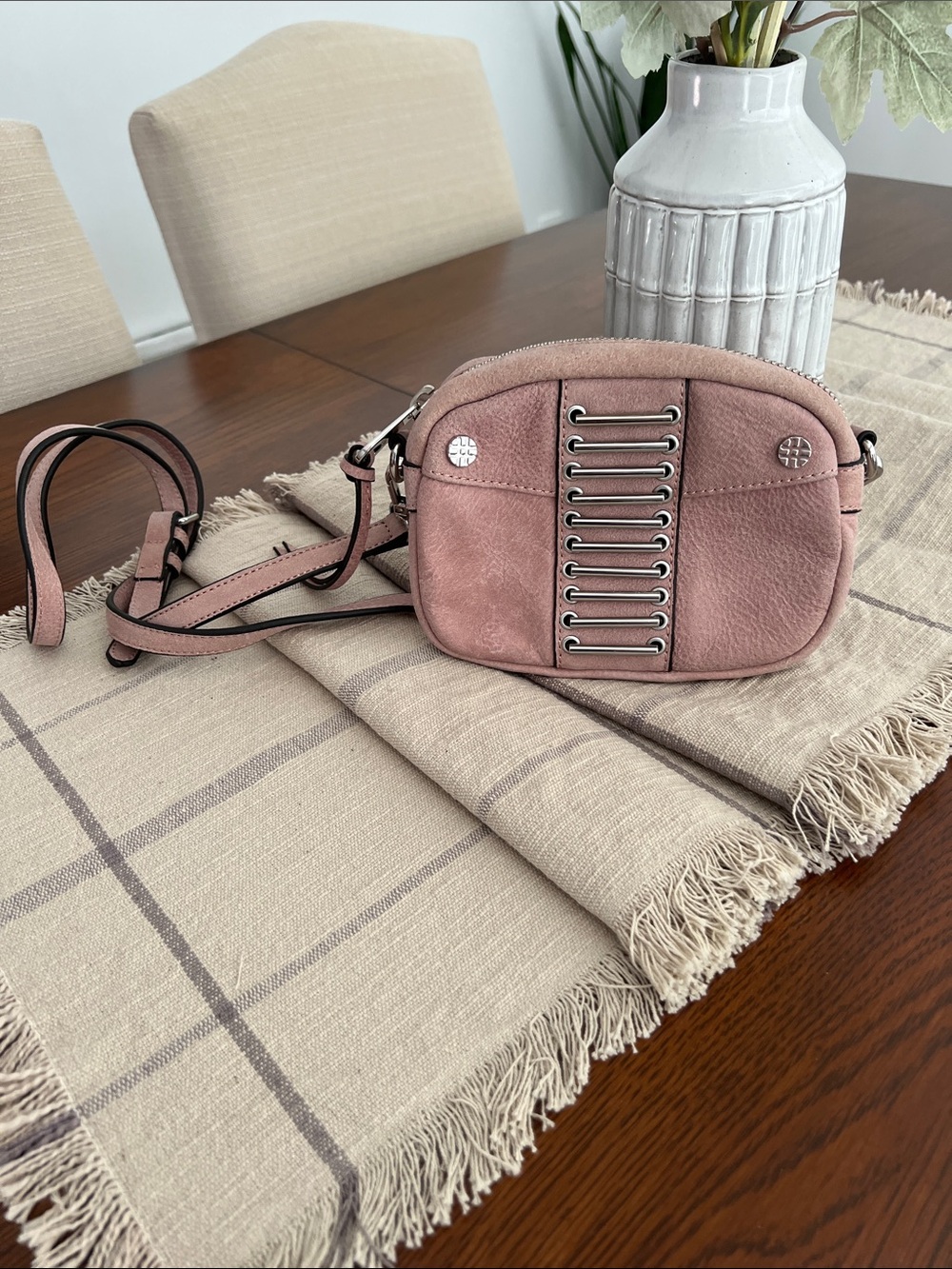 Joelle Hawkens Small Mauve Leather Crossbody Bag.